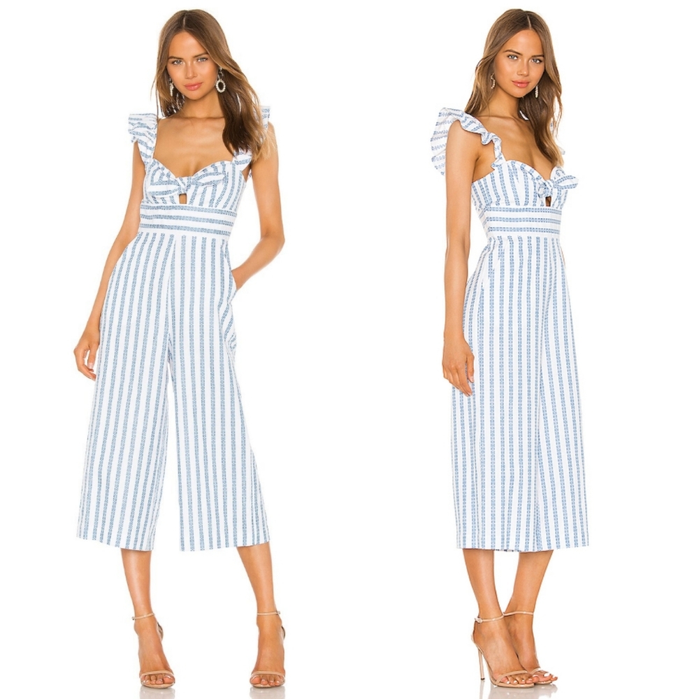 BCBGeneration Ruffle Sleeve Striped Jumpsuit Cropped Wide Leg Keyhole Size 4